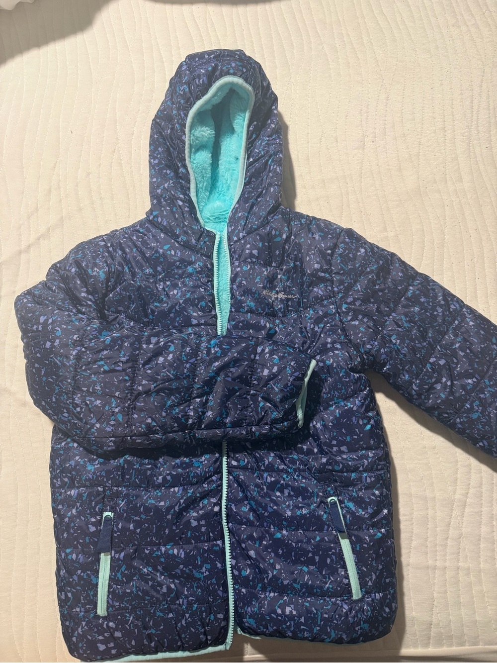 Girls' Navy Blue reversible Puffer Jacket with Aqua Trim